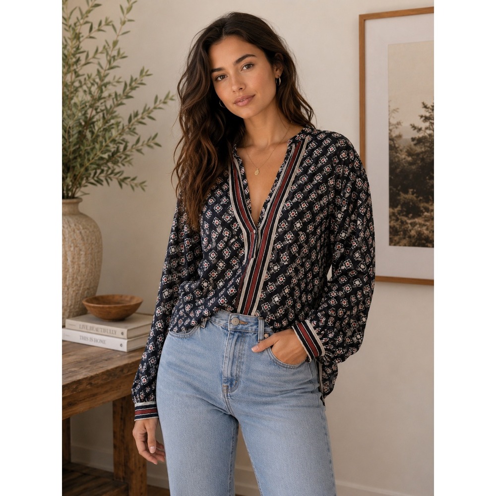 Free People Blouse Women XS Black Before Dawn Geometric Sheer Boho OB480957